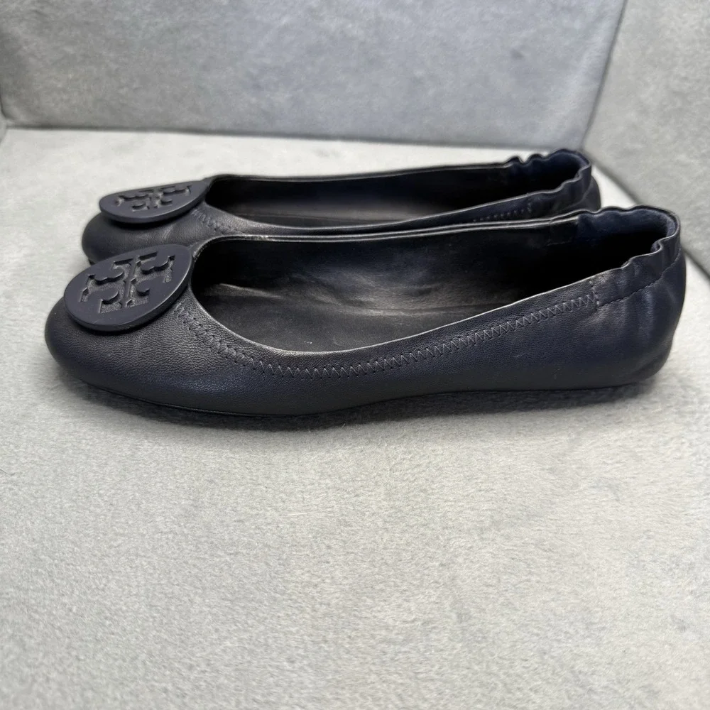 Tory Burch Minnie Travel Ballet Flats Women's 7.5 Navy Blue Leather Logo Shoes